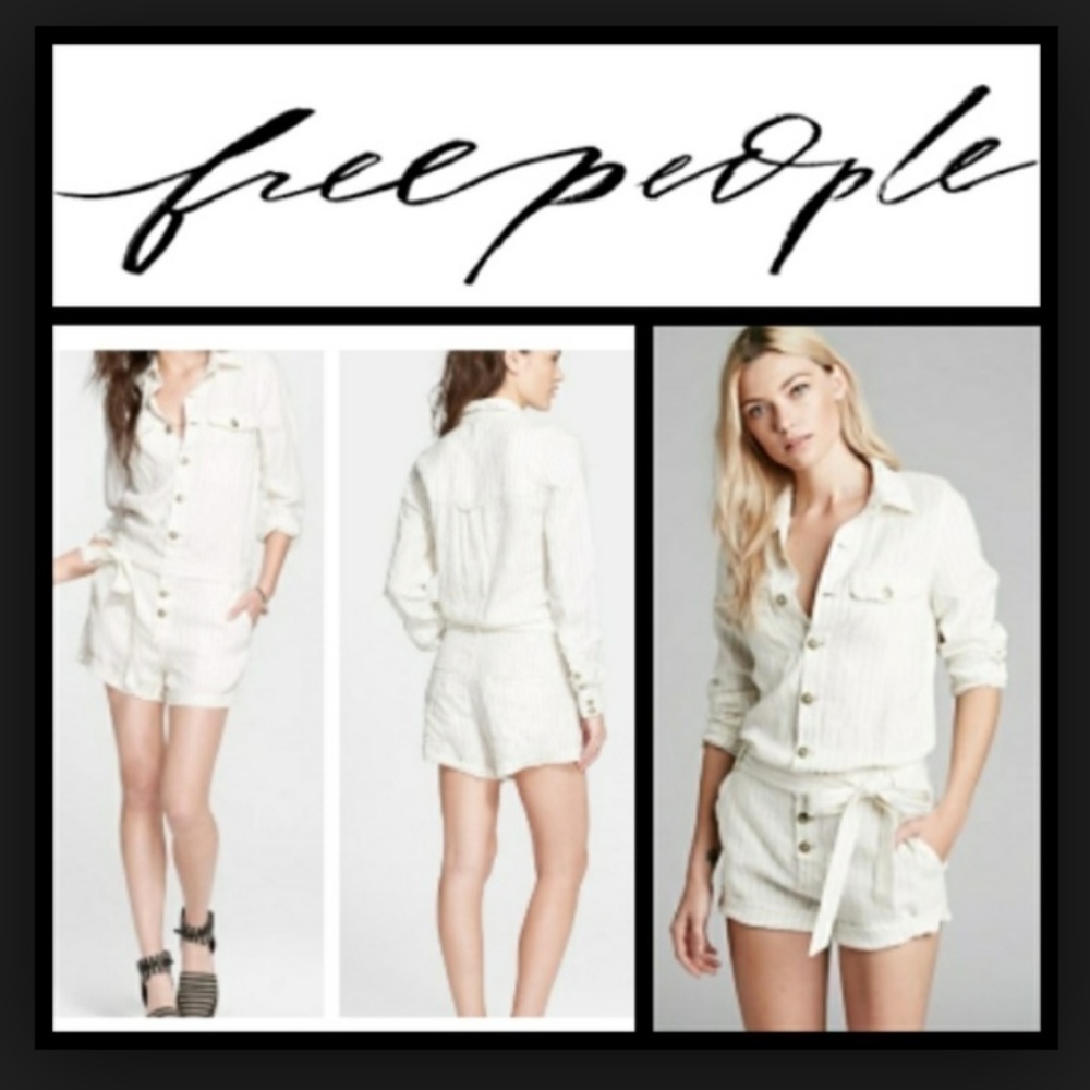 Free People pinstriped Romper Sz S Long sleevele